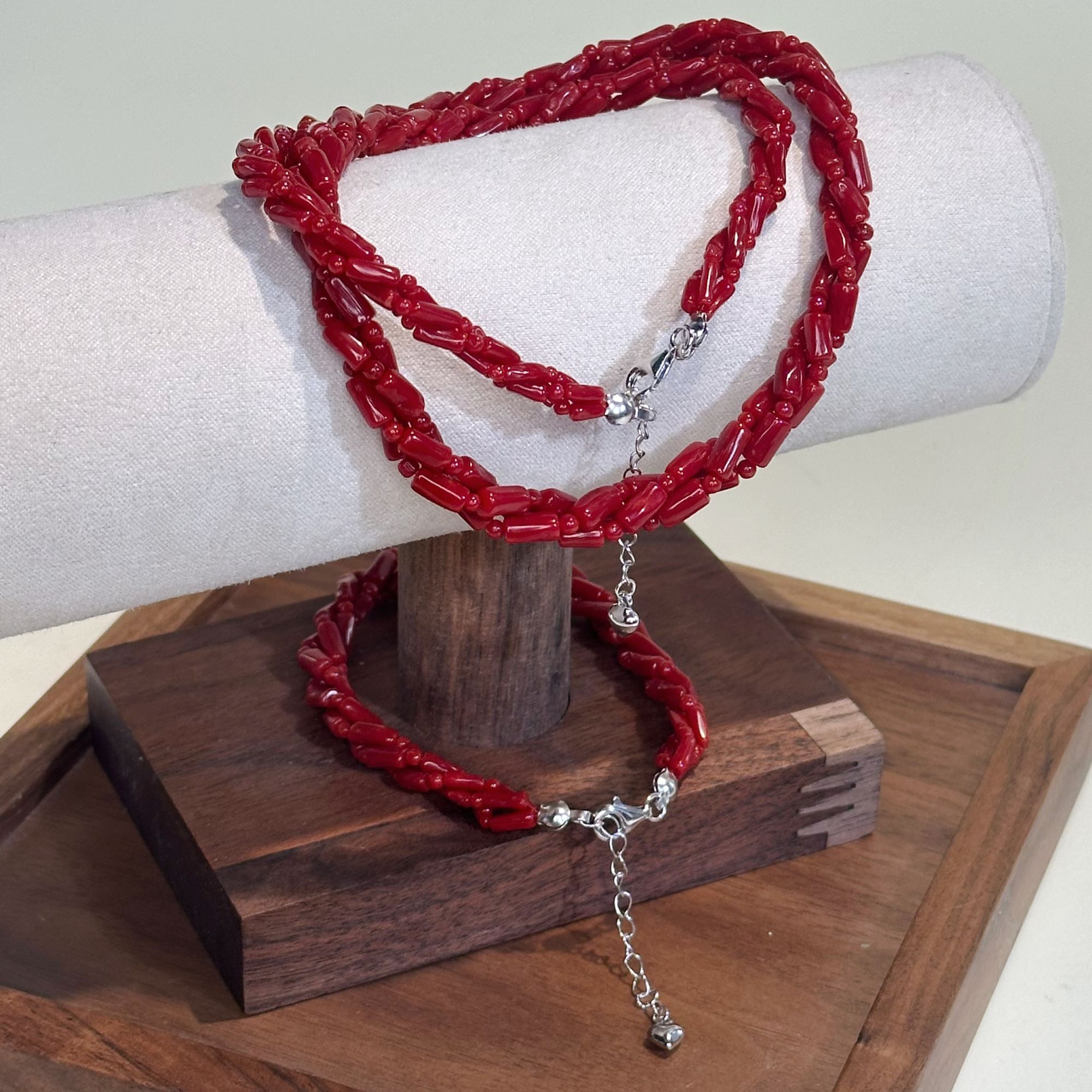 天然沙丁珊瑚3股麻花项链套装——118008-1