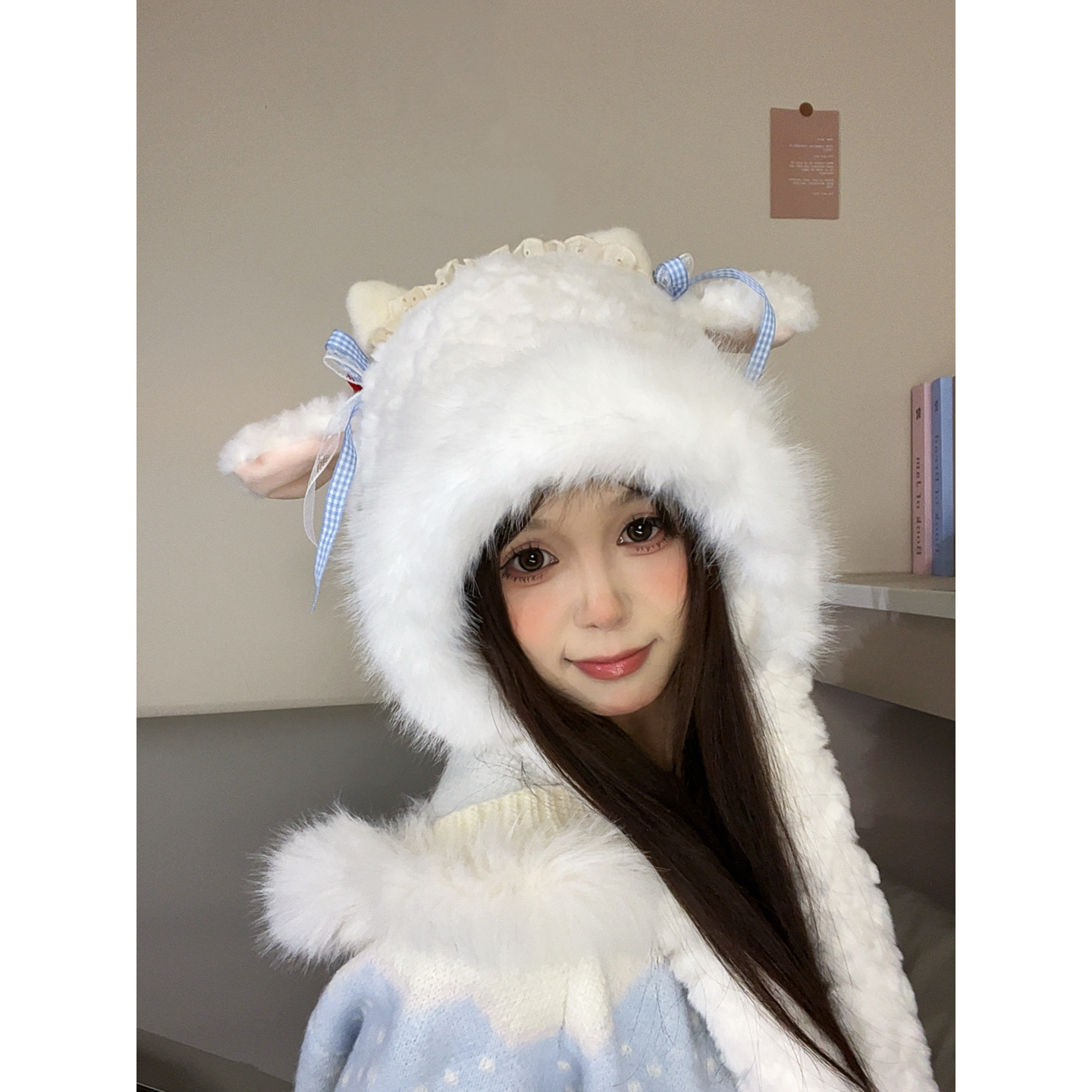 可爱卡通小羊毛绒帽子女冬季围巾一体两件套加绒保暖学生雷锋帽潮