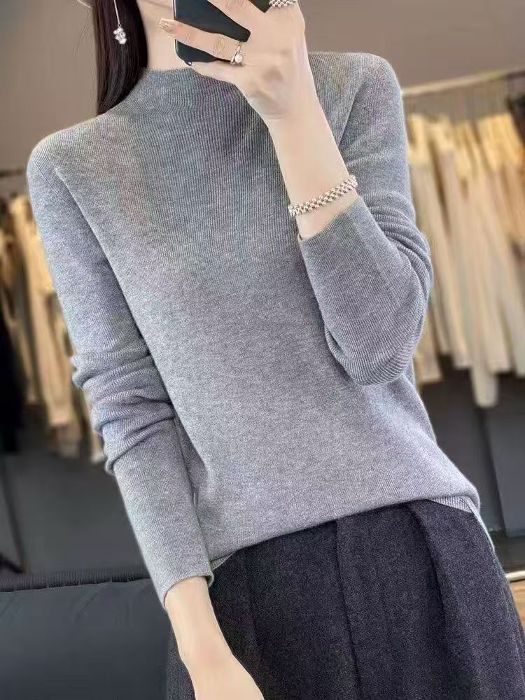 纯修身打底衫长袖毛针织衫圆领时尚半高领女网红超细羊毛