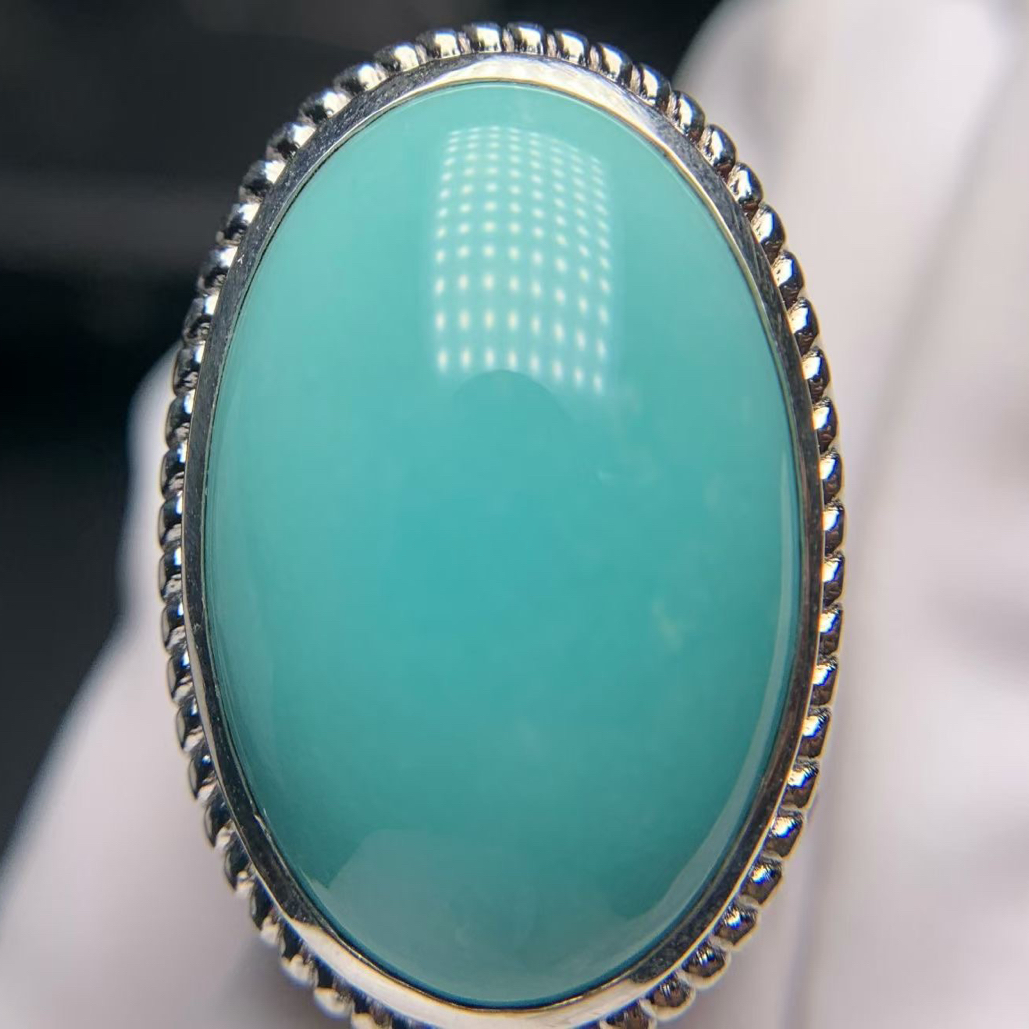 精品原矿高瓷果冻料925银绿松石戒指，戒面尺寸16*21mm，干净清爽