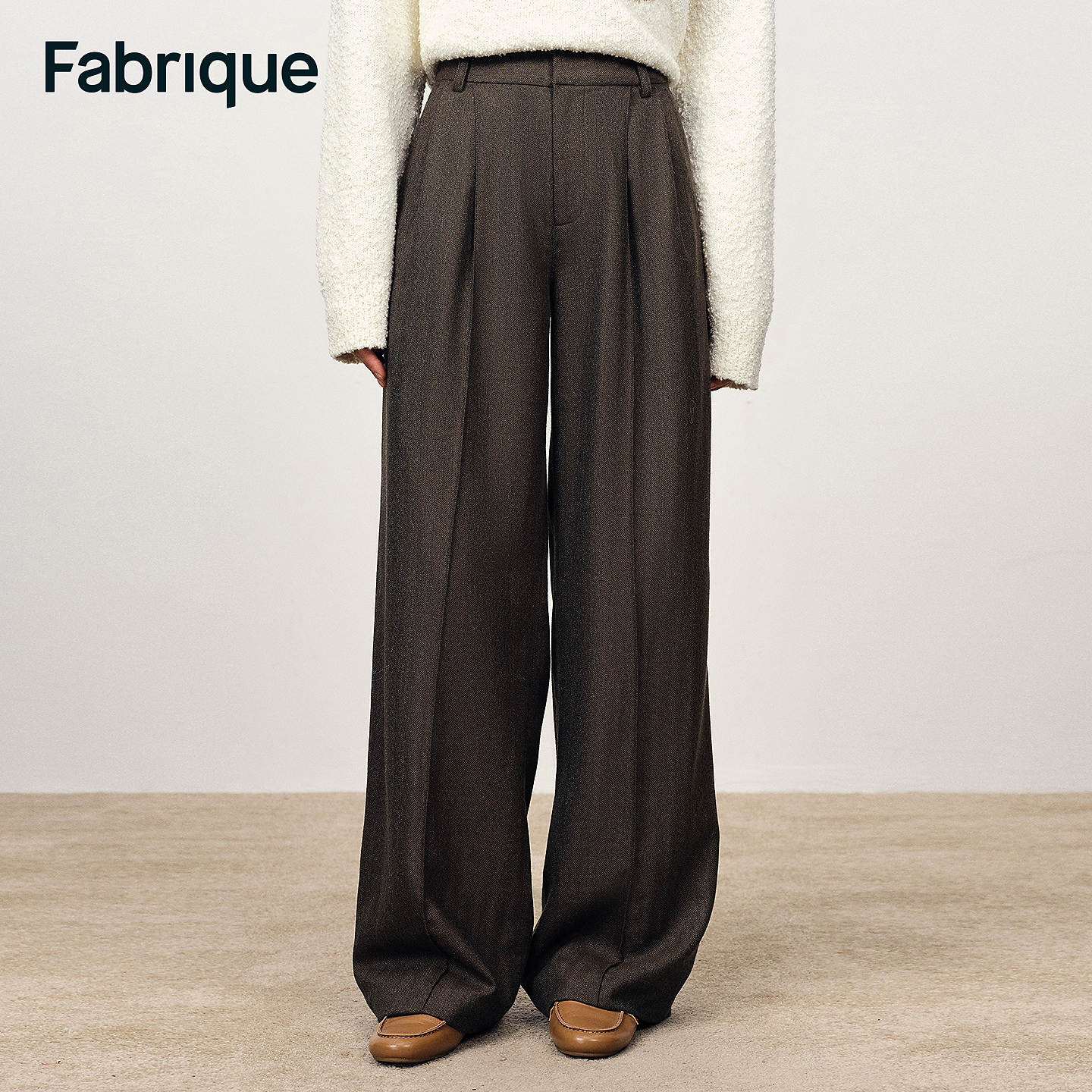 Fabrique Tokyo 乌木棕混色绵羊毛柞蚕丝山羊绒人字纹阔腿西装裤