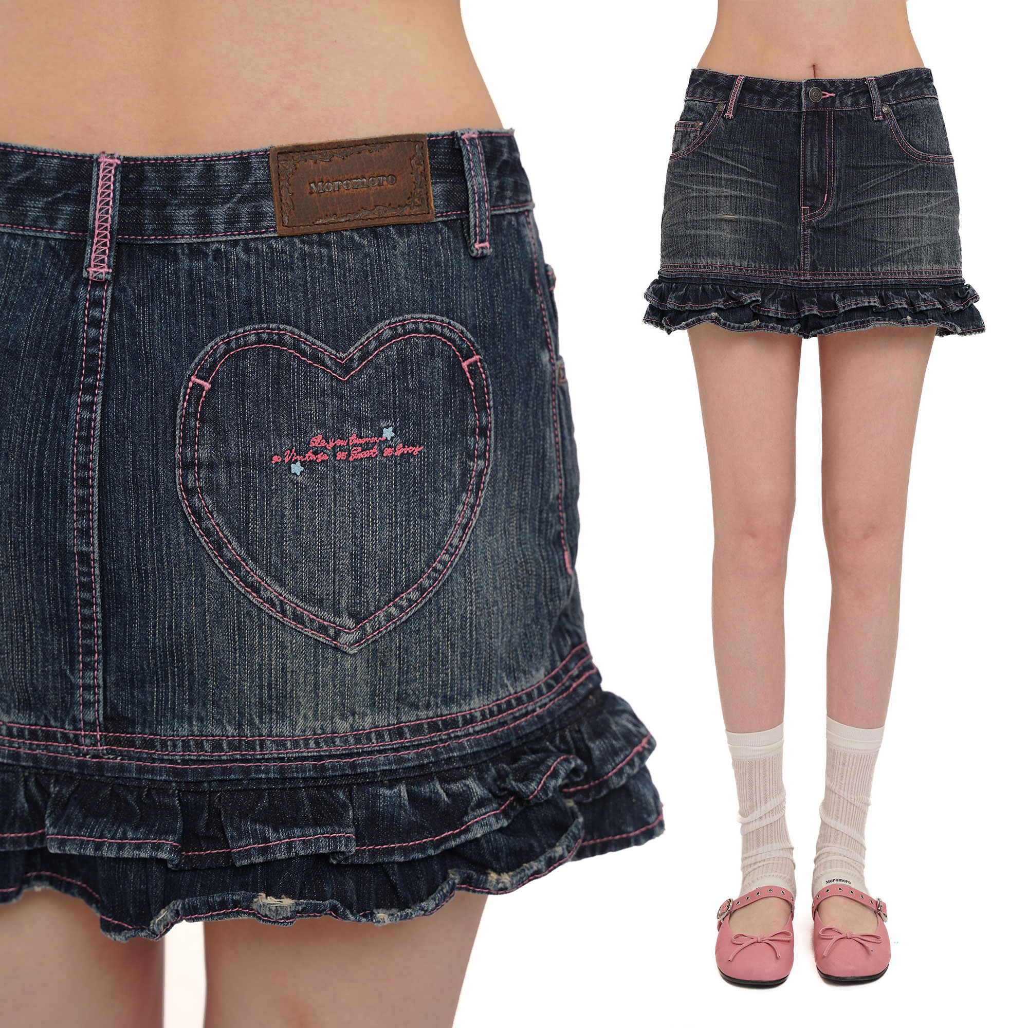 Moromoro粉色走线爱心口袋立体猫须小磨破下摆花边牛仔短裙