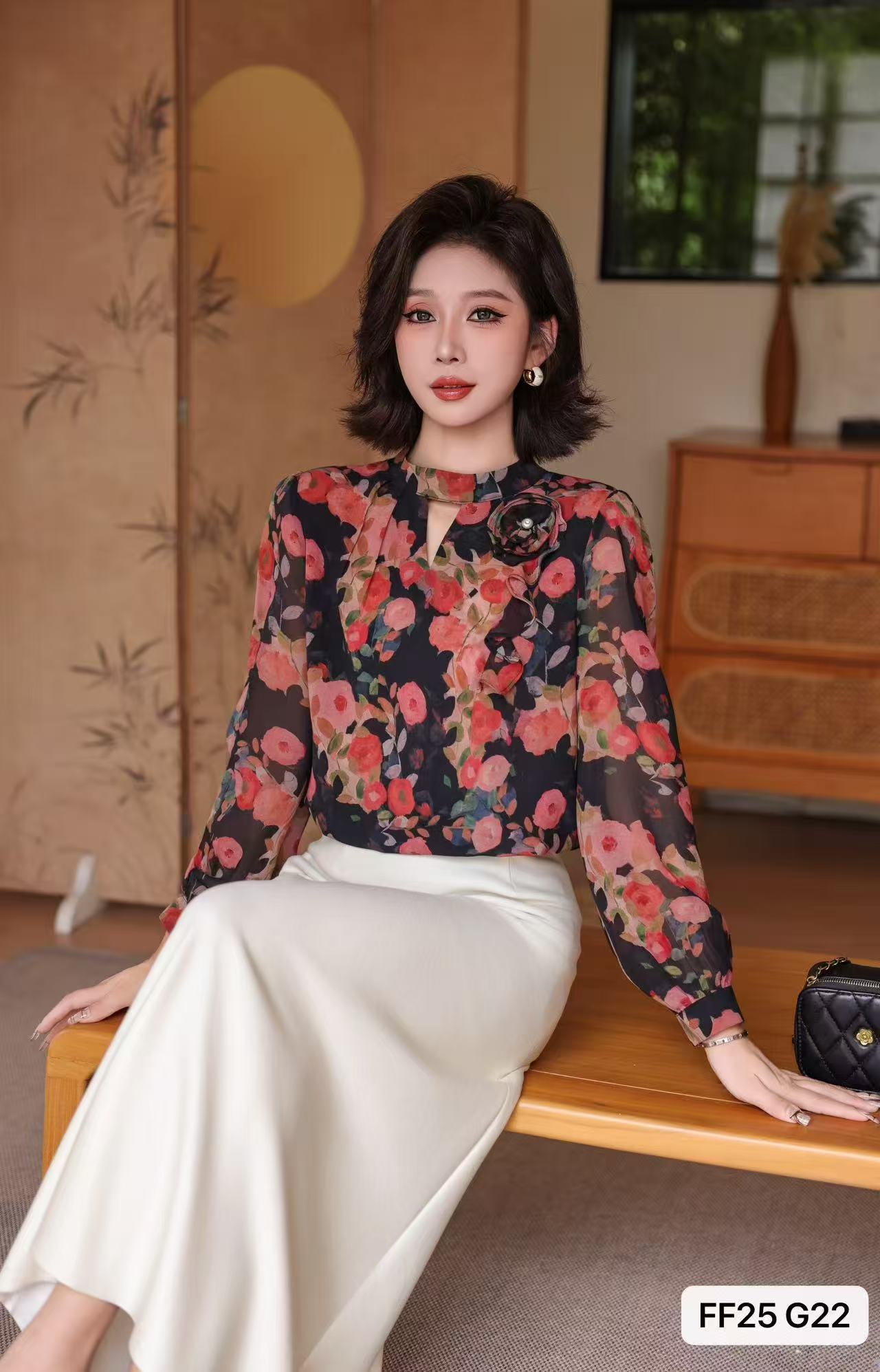 女士新品复古时尚长袖百搭上衣显瘦气质洋气小众印花衬衣衬衫