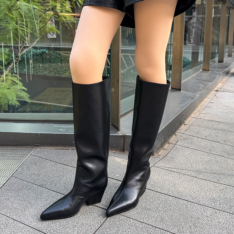 【雨嘉】6CM大牌范黑色极简高跟长筒靴新品百搭真皮气质时装靴