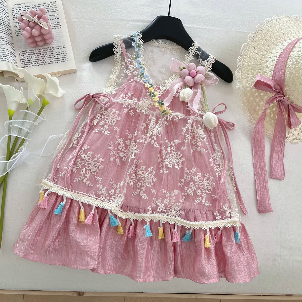A41女童夏季新款沙滩公主裙套装粉红SL0197