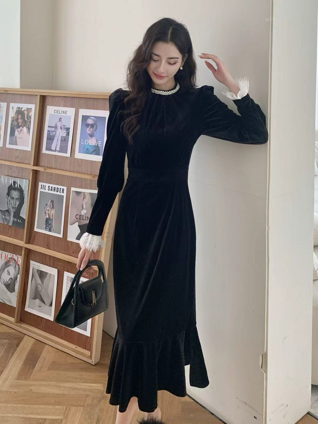 新中式立领小黑裙复古包臀裙法式长秋冬连衣裙----8055