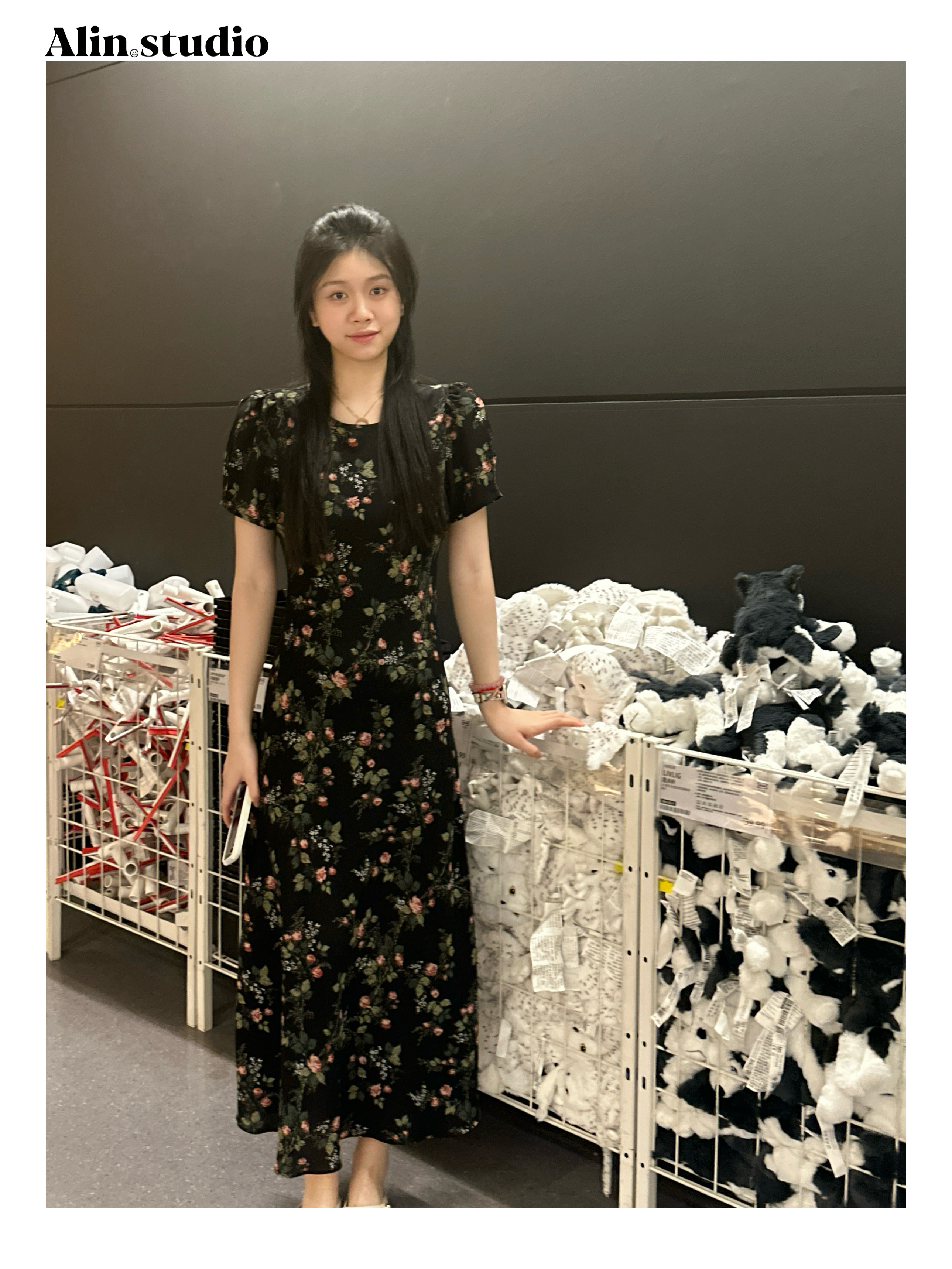 【黑粉】（没纽扣）优雅斜裁油画花卉连衣裙收腰显瘦法式复古碎花裙