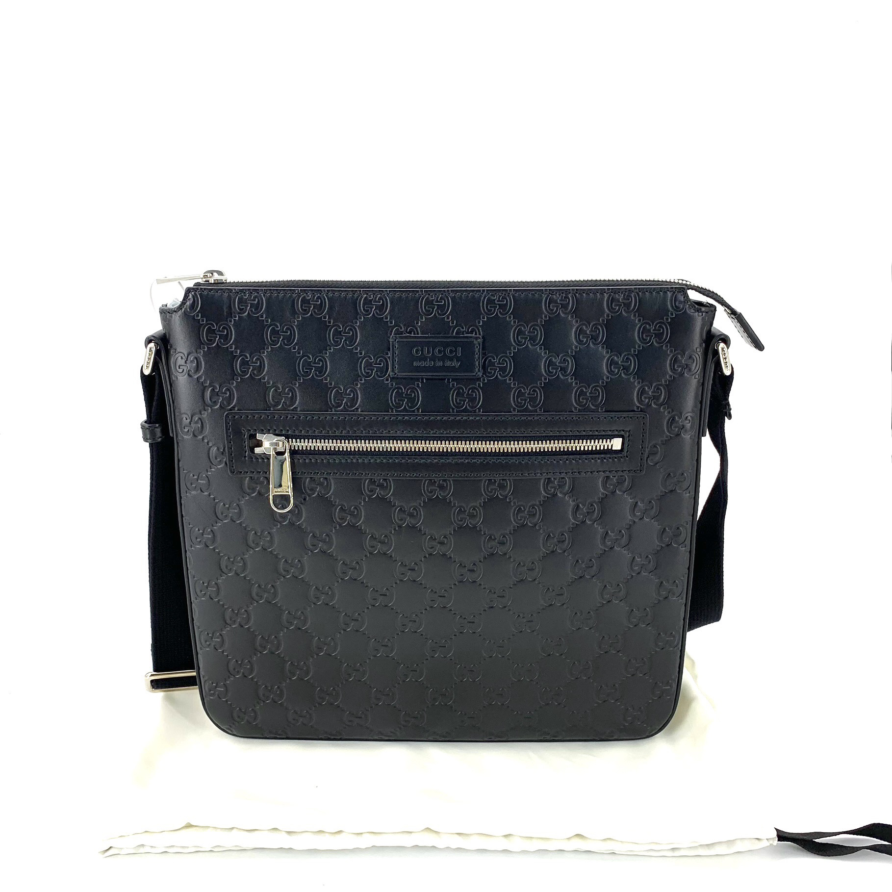 99新 GUCCI/古驰 商务休闲黑色全皮logo压花单肩斜挎包 尺寸29/28