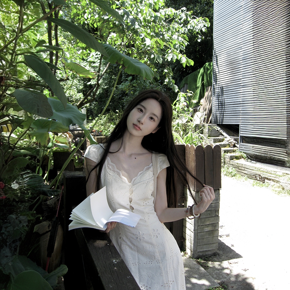 【嘉鹅专属】法式短袖简约蕾丝拼接连衣裙收腰修身气质长裙夏季