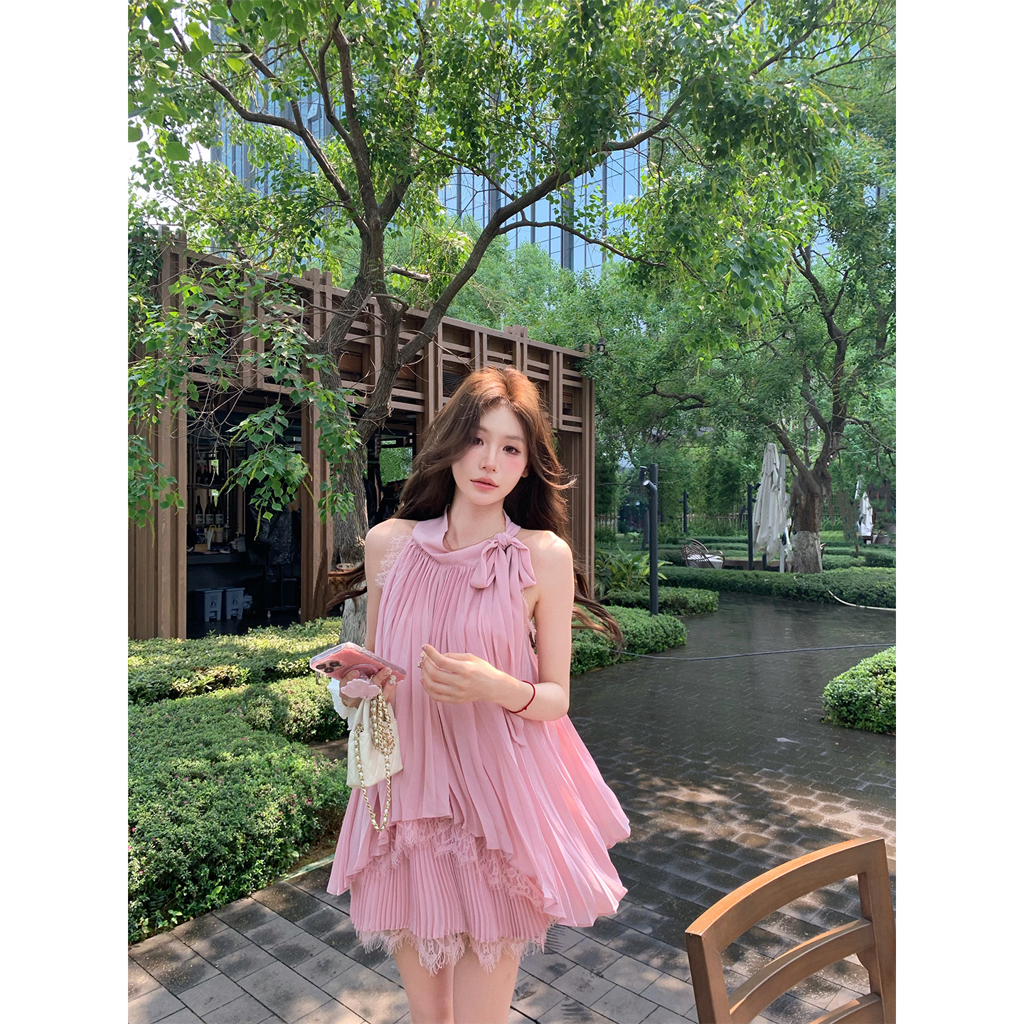 八盖pinky piggy   温柔姐姐系 粉色百褶蝴蝶结套装