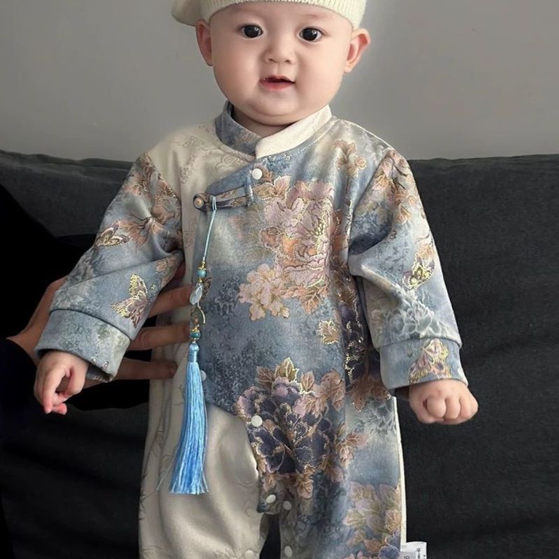 男宝宝周岁礼服新中式连体衣秋季款婴儿百天日抓周宴衣服唐装哈衣