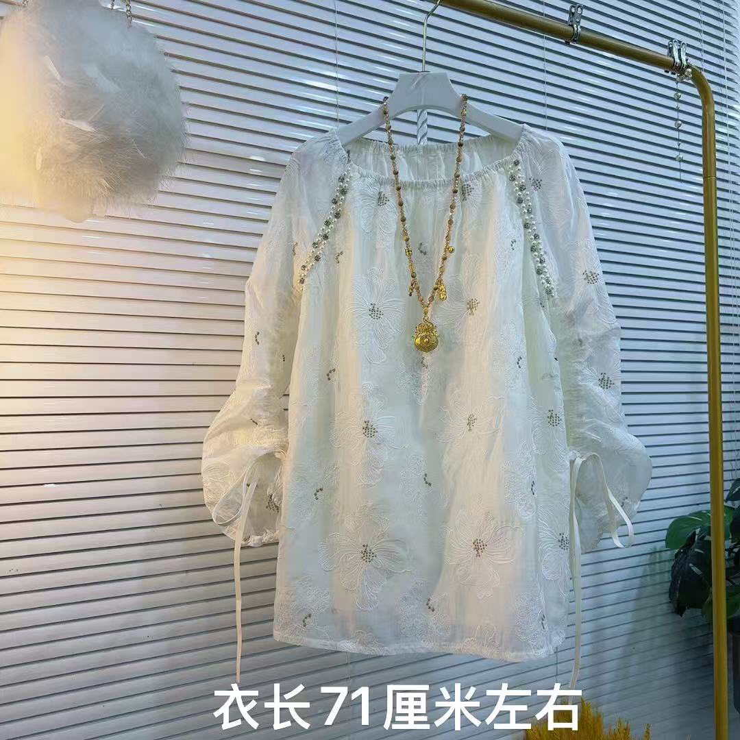 胖MM2025早秋新款蕾丝衫雪纺衫亮线图案轻奢电压百搭新中式打底衫