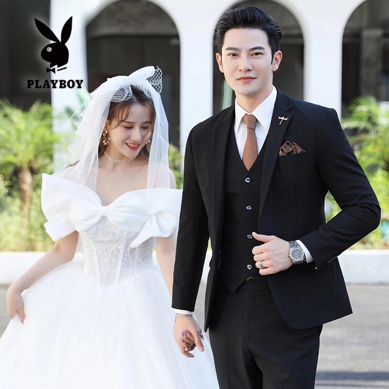 花花公子新郎西装套装男士修身厚款西服结婚礼服装休闲正装英伦