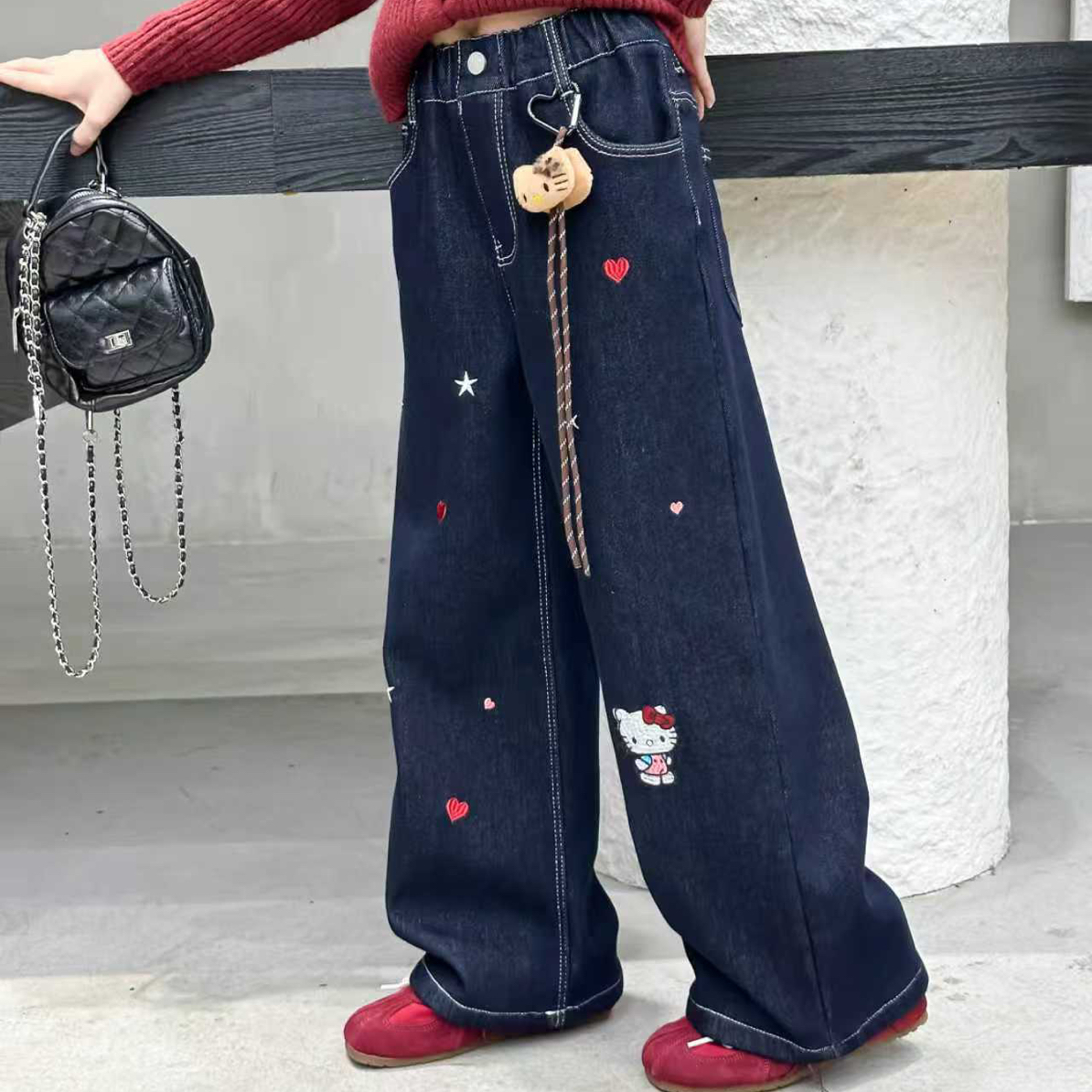 2025冬季童装女中大童一体绒牛仔裤9086KT直筒牛仔裤深色牛仔