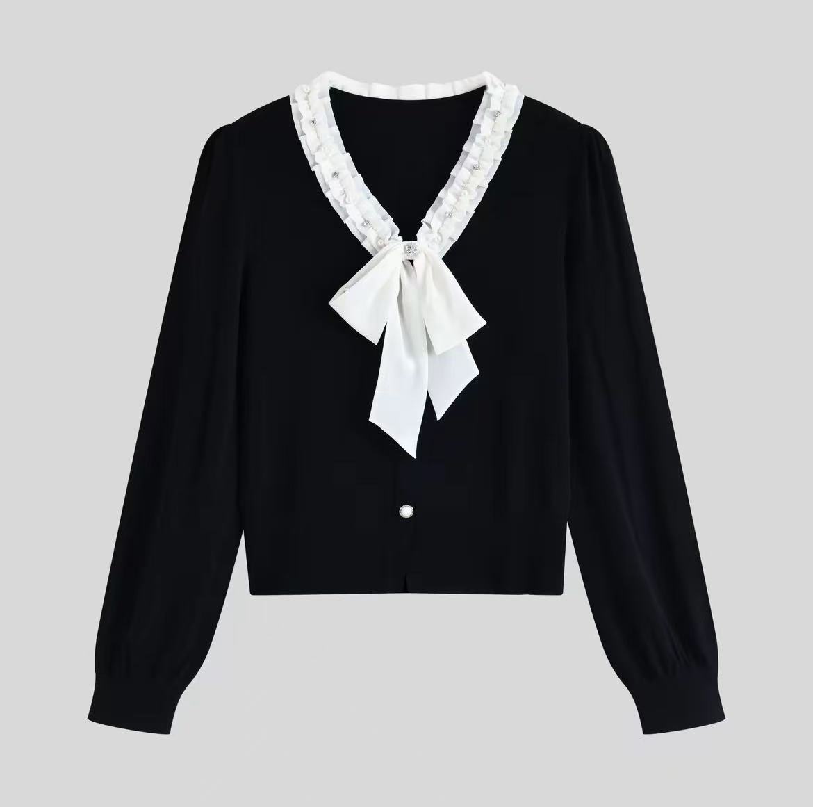 【名媛千金】凯文-25秋季新款时尚蝴蝶结钉钻针织百搭假两件长袖