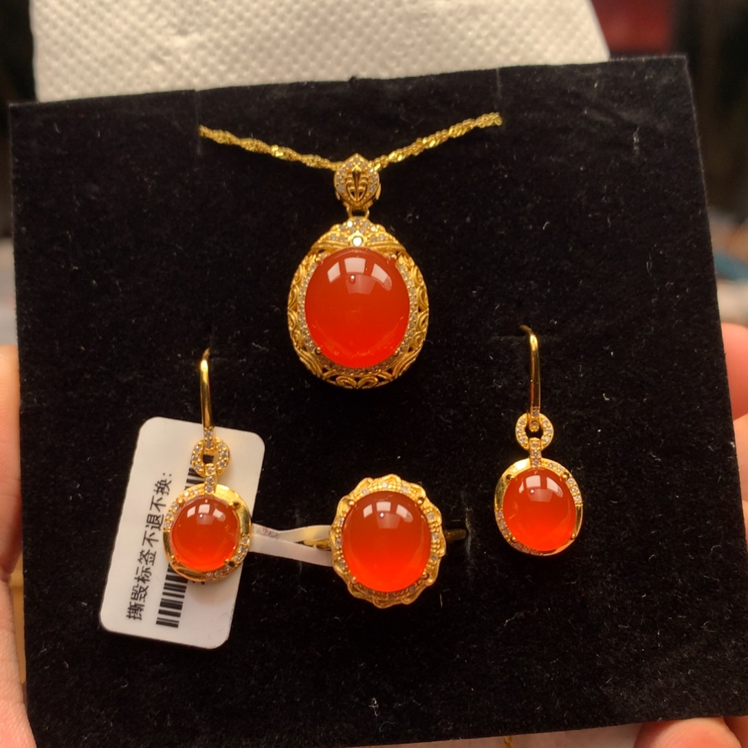 南红玛瑙套件银S925镶嵌河湾冰红