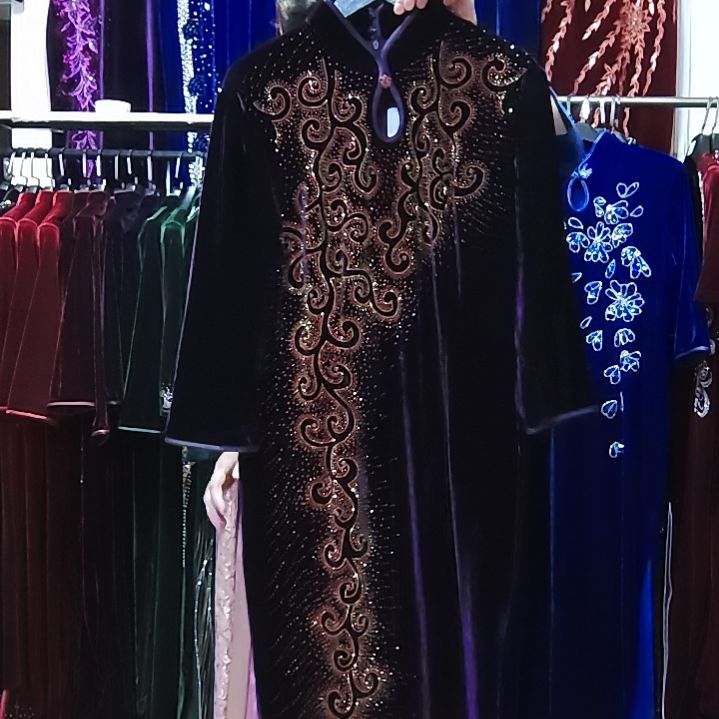 紫色金丝绒重工烫钻长款旗袍xl115-125斤左右