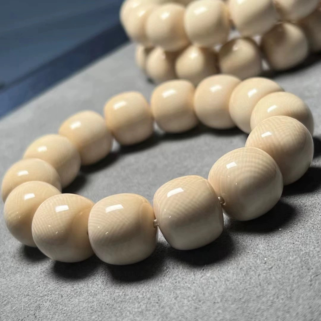 天然猛犸牙老型手串桶珠5A冰料牙芯料爆满牙纹单圈佛珠文玩男女款