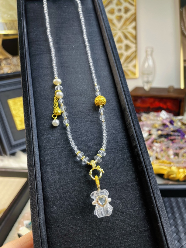 A1玻利维亚A级净体白水晶天然珍珠白水晶小熊项链