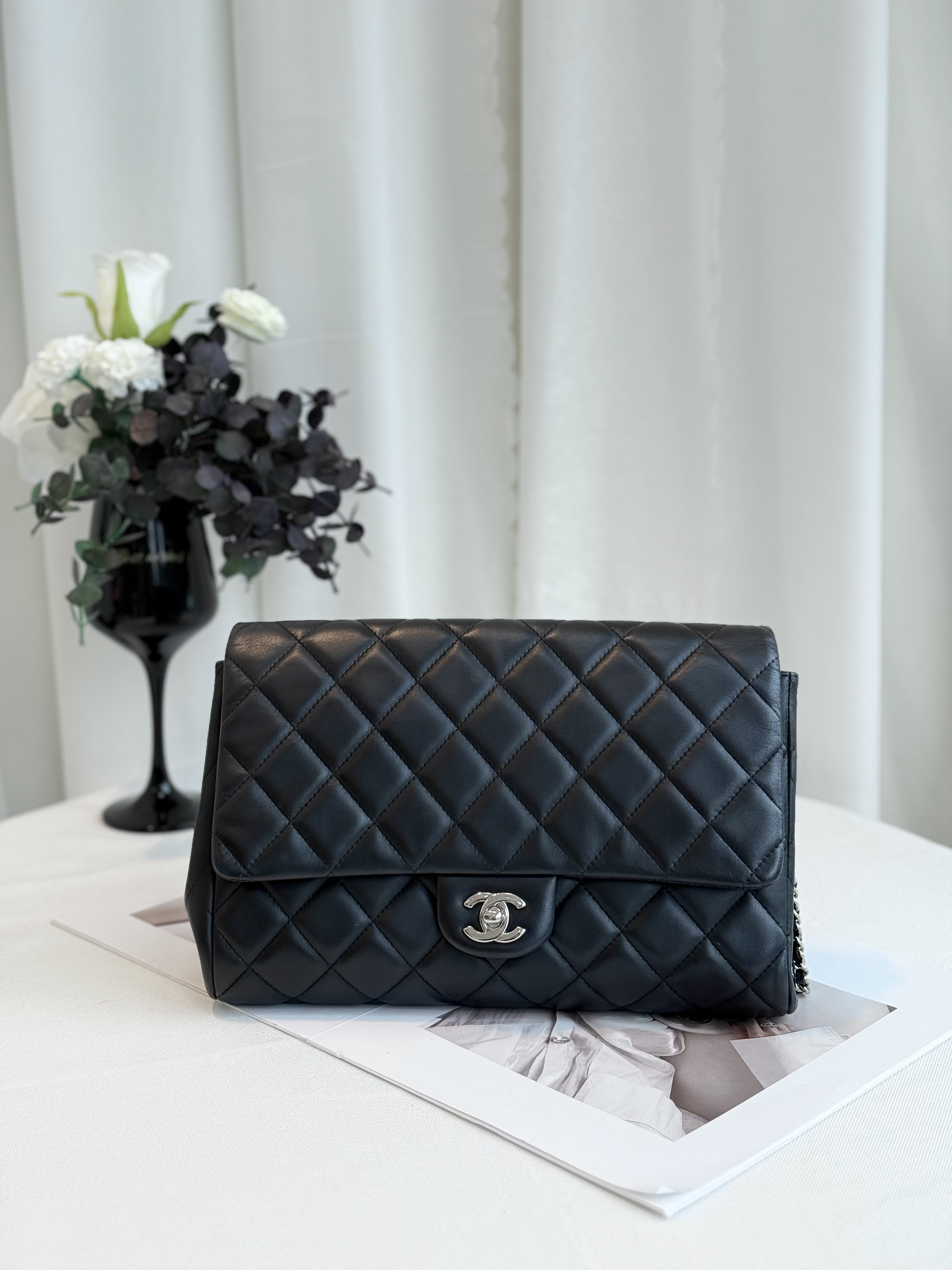 95新 Chanel/香奈儿 香奈儿黑银timeless cf单盖口盖单肩包 17开