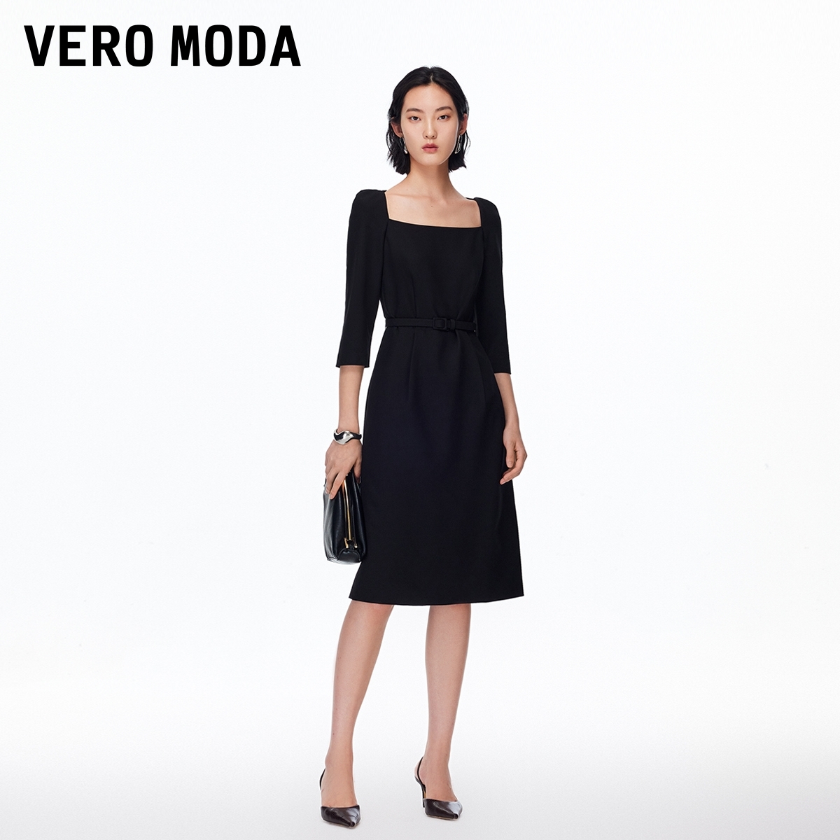 Vero Moda连衣裙2025秋季新腰带七分袖显瘦方领中长裙松弛感百搭