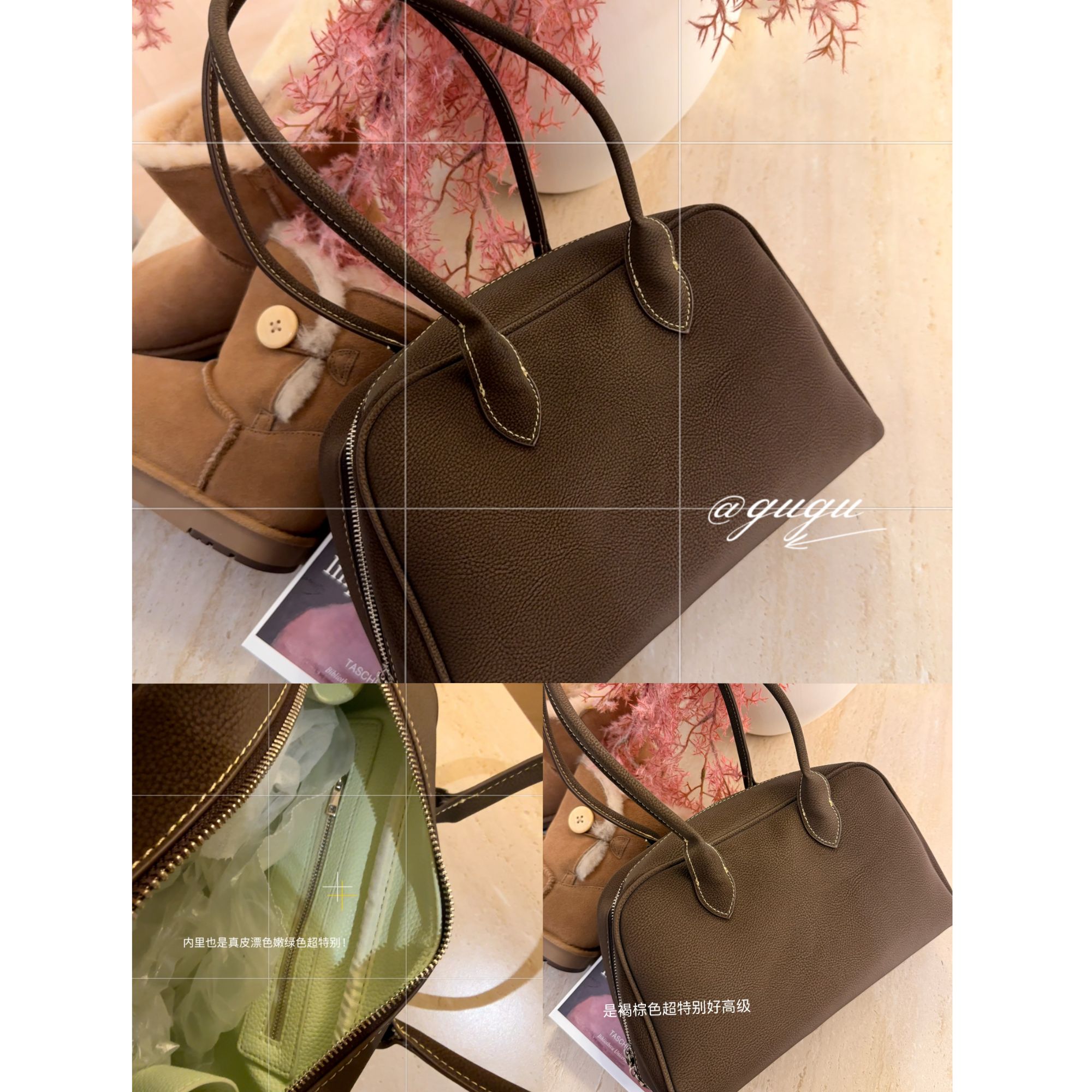 【古古】棕褐荔枝牛皮立体挺阔版手拎纯色大牌波斯顿包包 G25536