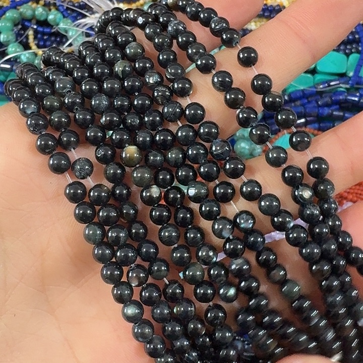 贪***我玛瑙/玉髓合金珠宝半成品2条5mm全黑黑蝶贝圆珠