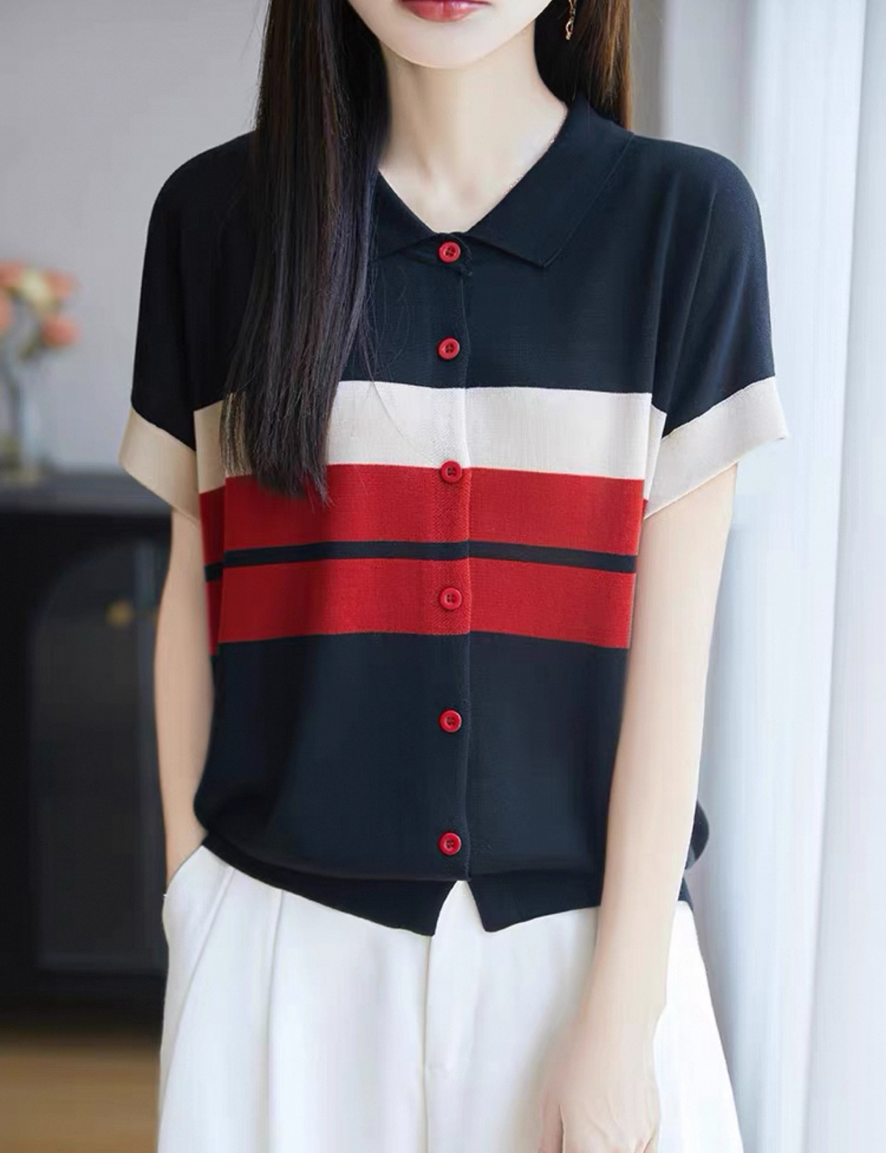 【欧琲】Z007#气质通勤翻领条纹针织衫