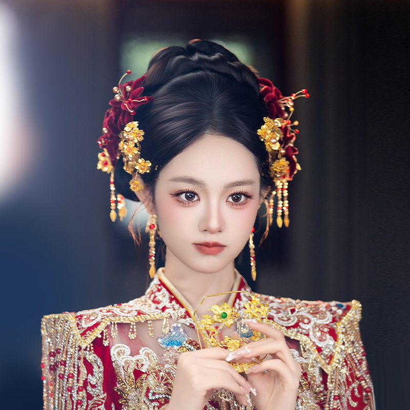 合金婚庆饰品 新娘手作金色新款爆款精致红色秀禾绒花头饰品D0681