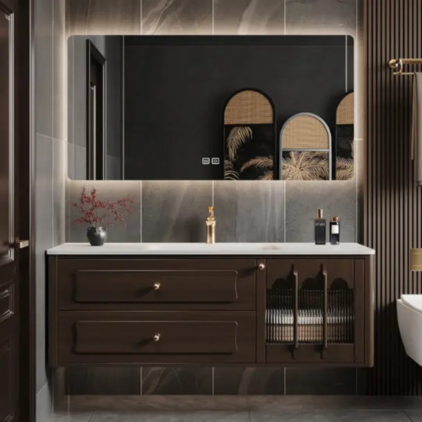 新中式浴室柜吊柜组合实木橡胶木中古风洗手池洗漱台洗脸盆柜组合