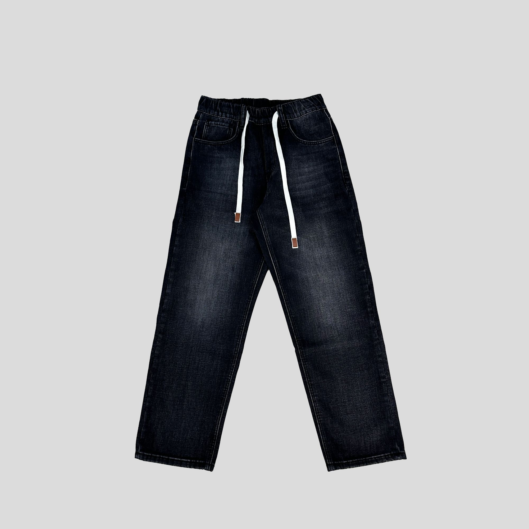 MU MA FU SHI冬季加绒保暖直筒微阔男女黑色水洗牛仔裤