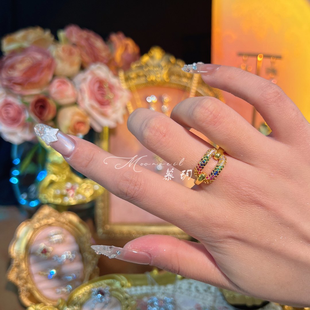 铜合金戒指 【0105】镀真金/七色霓裳/精致满镶彩锆气质感戒指