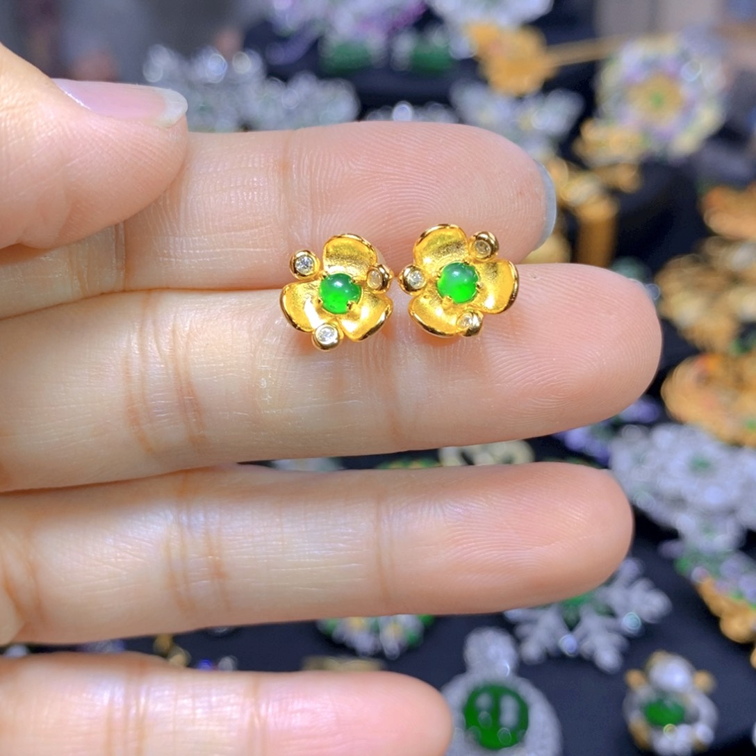 翡翠耳钉银S925镶嵌天然翡翠