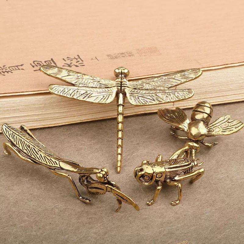 黄铜螳螂蟋蟀蜜蜂蜻蜓仿真昆虫桌面小摆件茶宠动物虫子铜雕工艺品