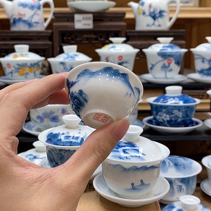 *****手绘4个装山水一口杯30cc釉下彩微瑕福利款