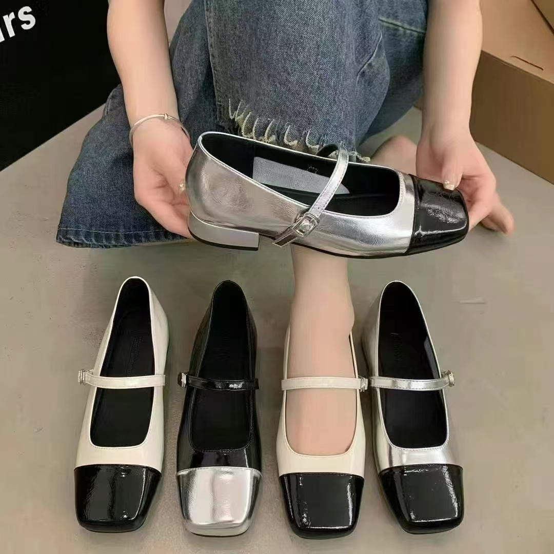 1652方头玛丽珍鞋拼色小香风薄款单鞋