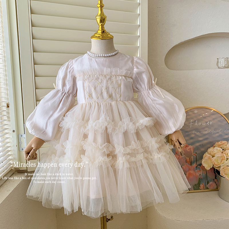 【本妈】“木槿香榭”女童泡泡袖蝴蝶结网纱连衣裙L6603 39'9