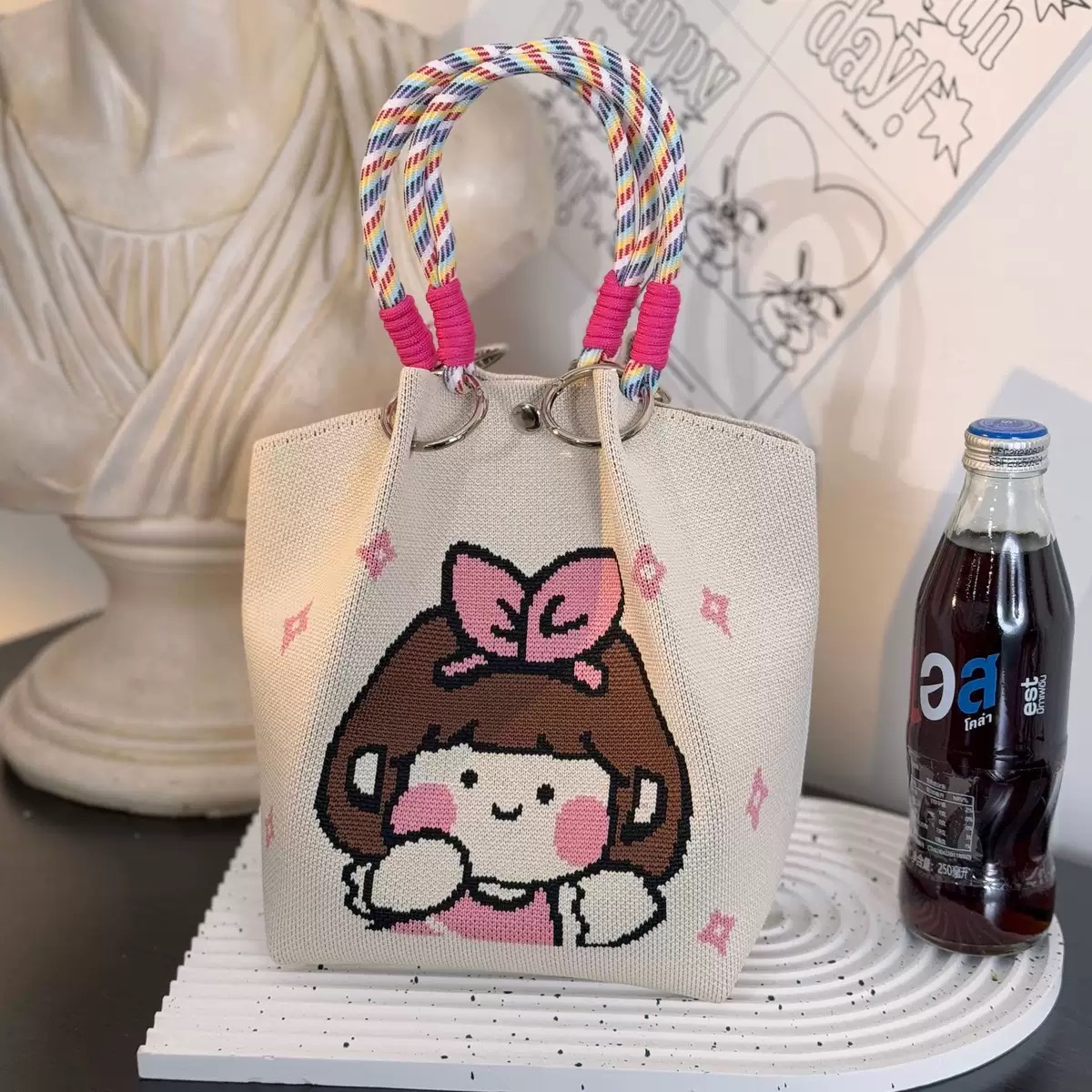 新款春夏韩版花朵针织水桶包包外出旅游手拎包百搭女手提包