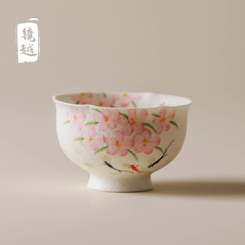 岩矿白手绘桃花主人杯单杯高足创意陶瓷功夫茶具品茗杯喝茶杯