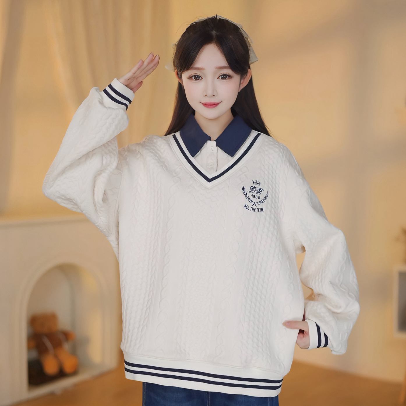 【初中生】卫衣女加绒学院风麻花冬季假两件上衣高中学生大童宽松