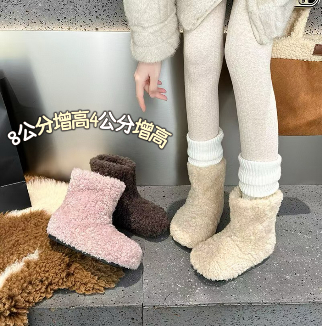 冬季羊羔咩咩加绒保暖雪地靴女厚底增高软底毛毛短靴勃肯棉鞋时尚