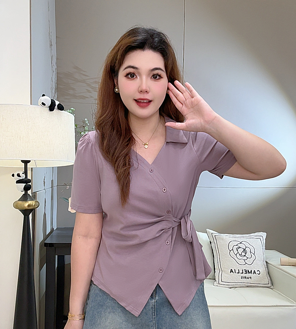 绑带侧腰设计POLO领短袖T恤女2025夏季新款时尚百搭休闲减龄上衣