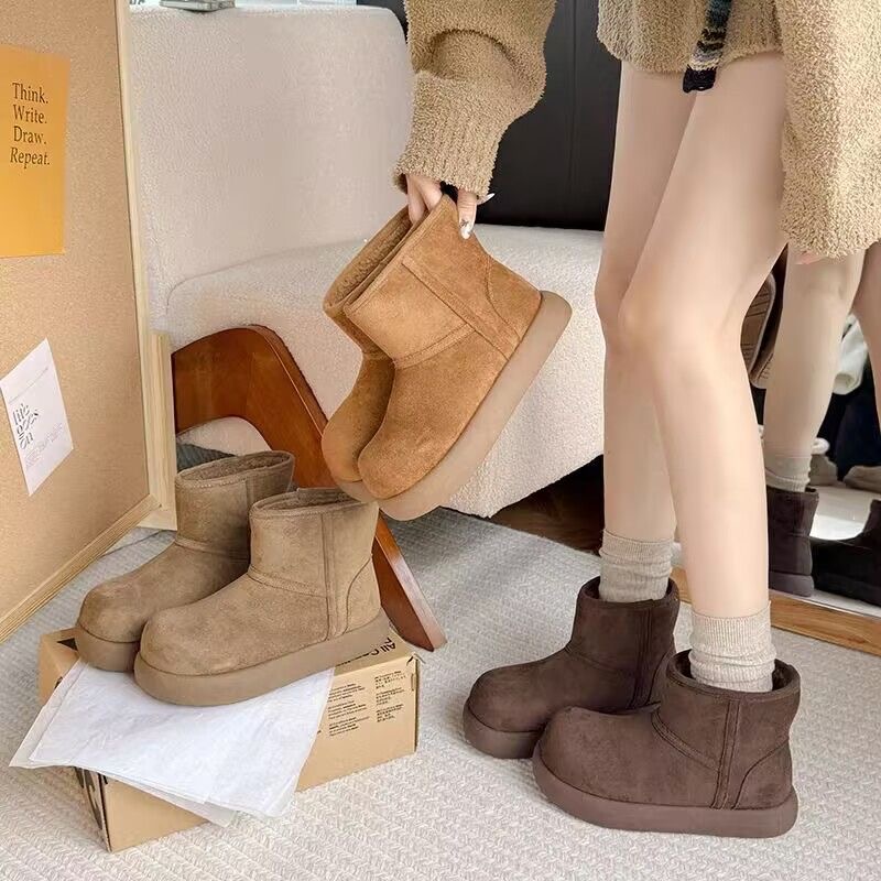 女士加厚增高中筒雪地靴学院风纯色小土豆棉鞋加绒保暖靴防滑女鞋