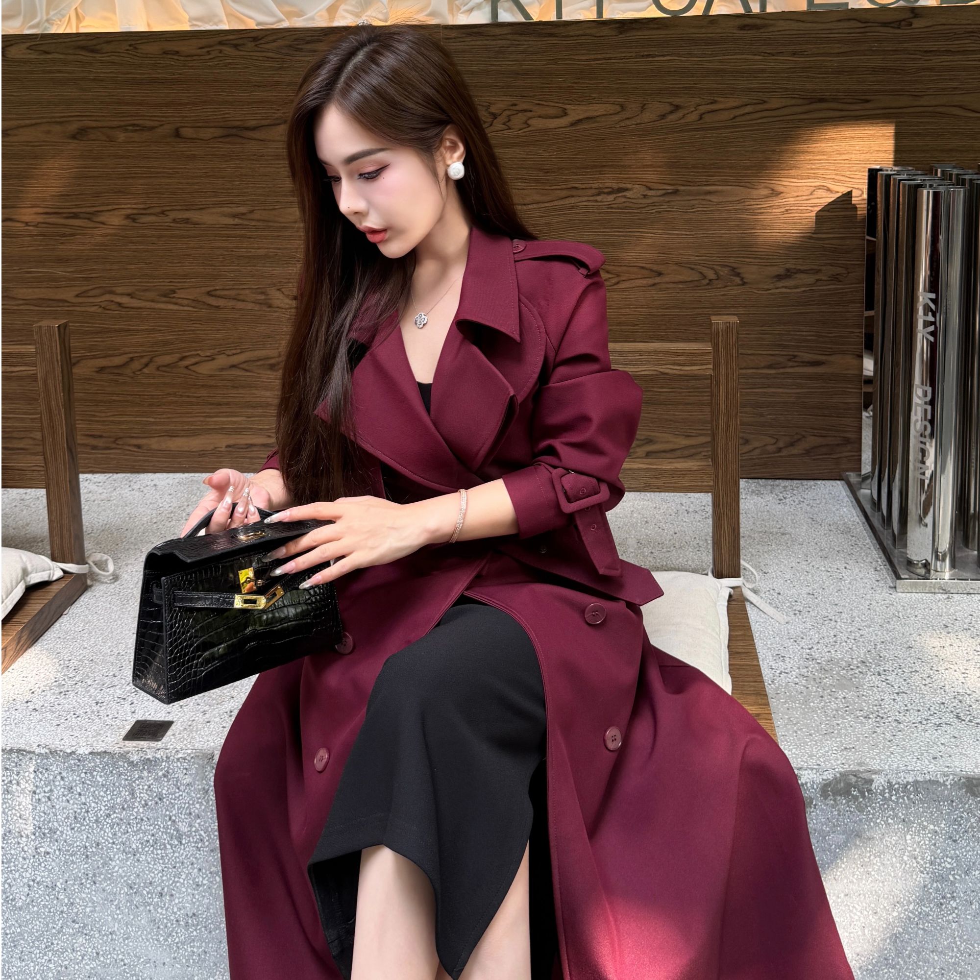 【现货秒发】DI29春季显瘦时尚气质中长款安哥拉红色风衣外套长款