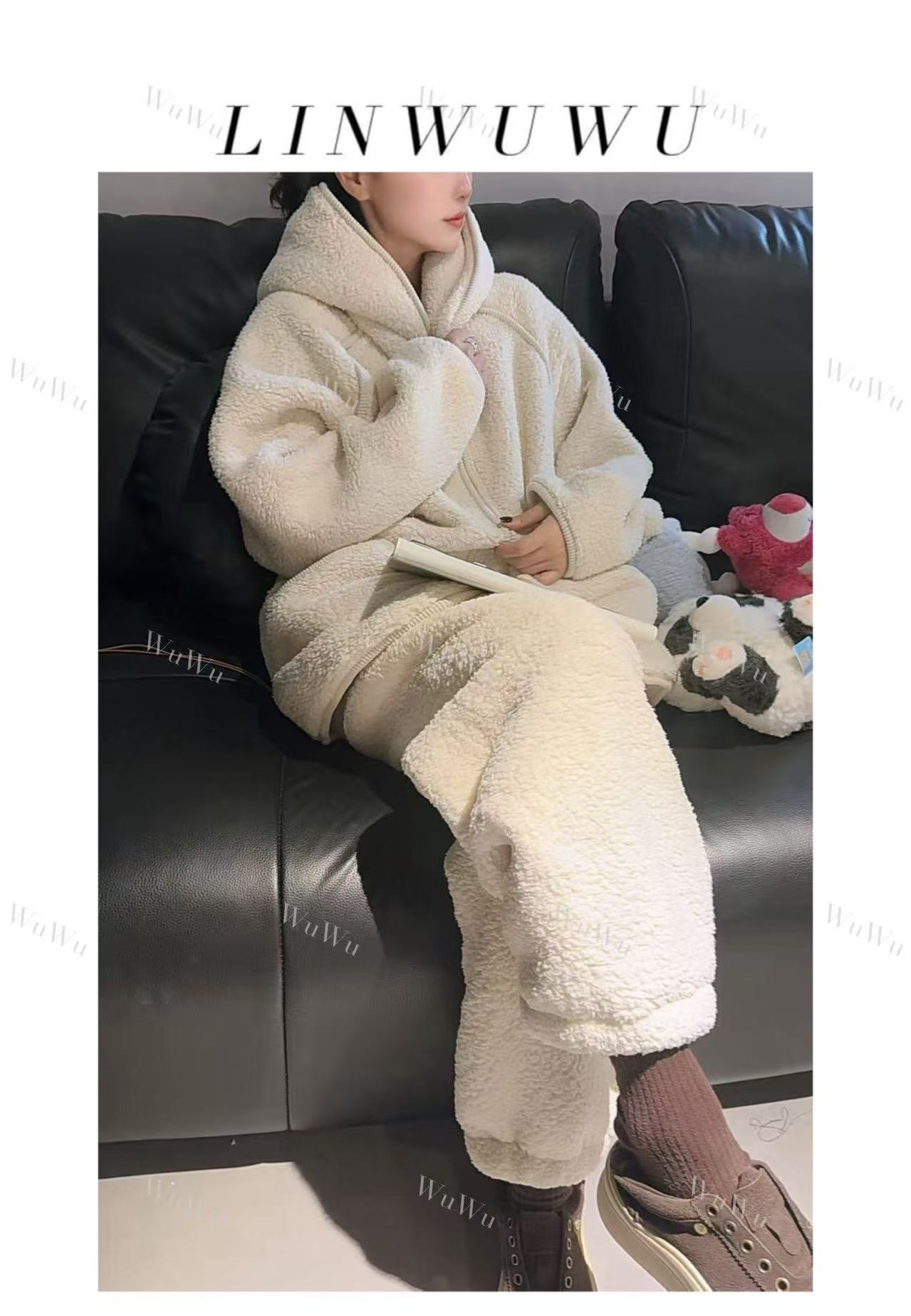 【五五定制】2025秋冬舒适保暖纯色连帽长袖长裤加厚家居服套装2211