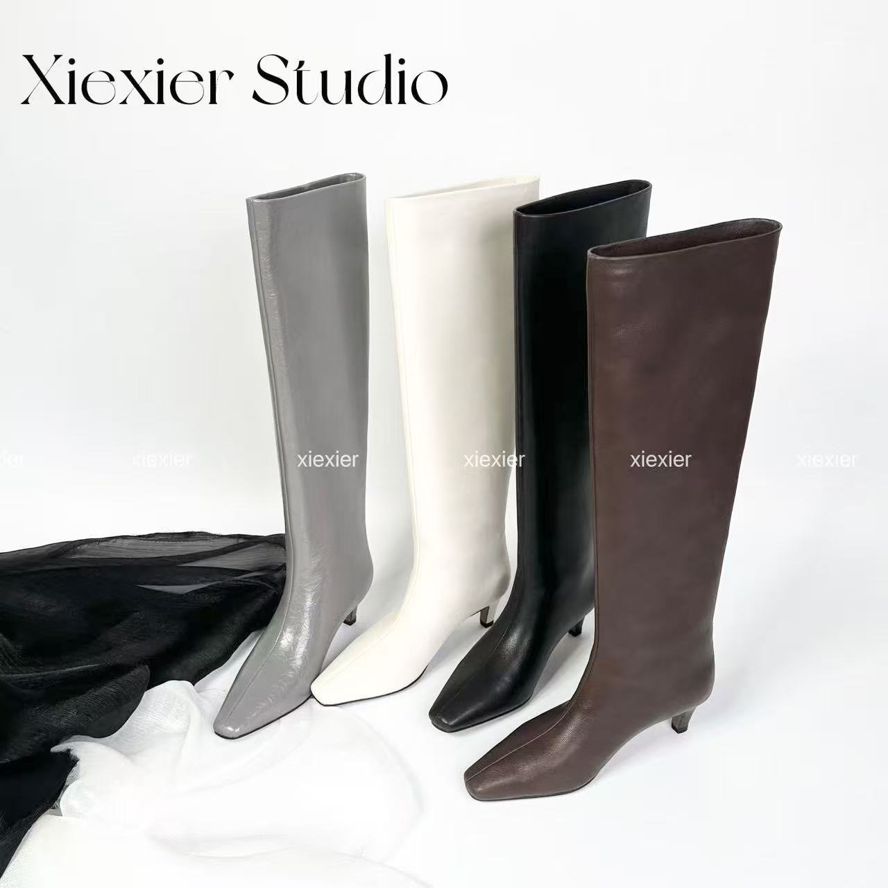 谢喜儿 | 秋冬法式方头猫跟高筒骑士靴长筒靴女