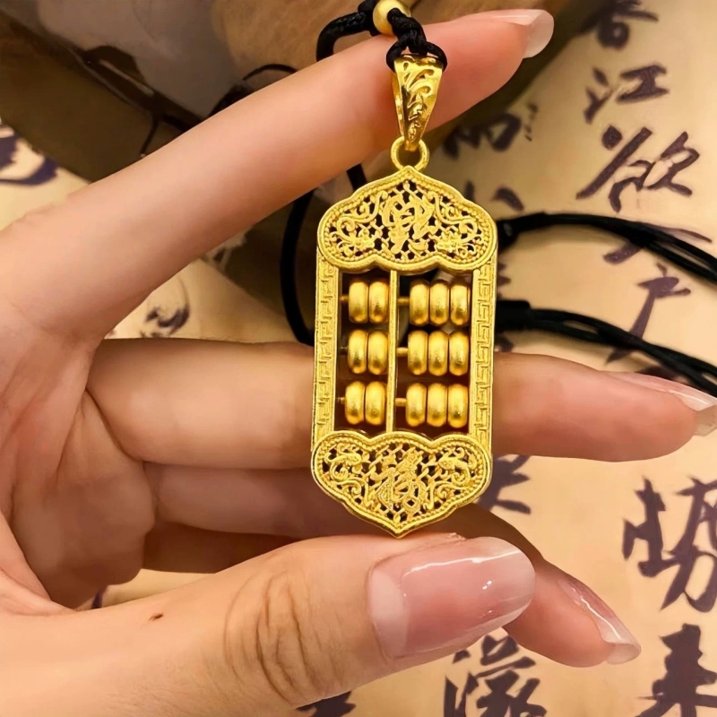 古法镂空福字如意算盘吊坠项链金色可转动毛衣链复古时尚送礼