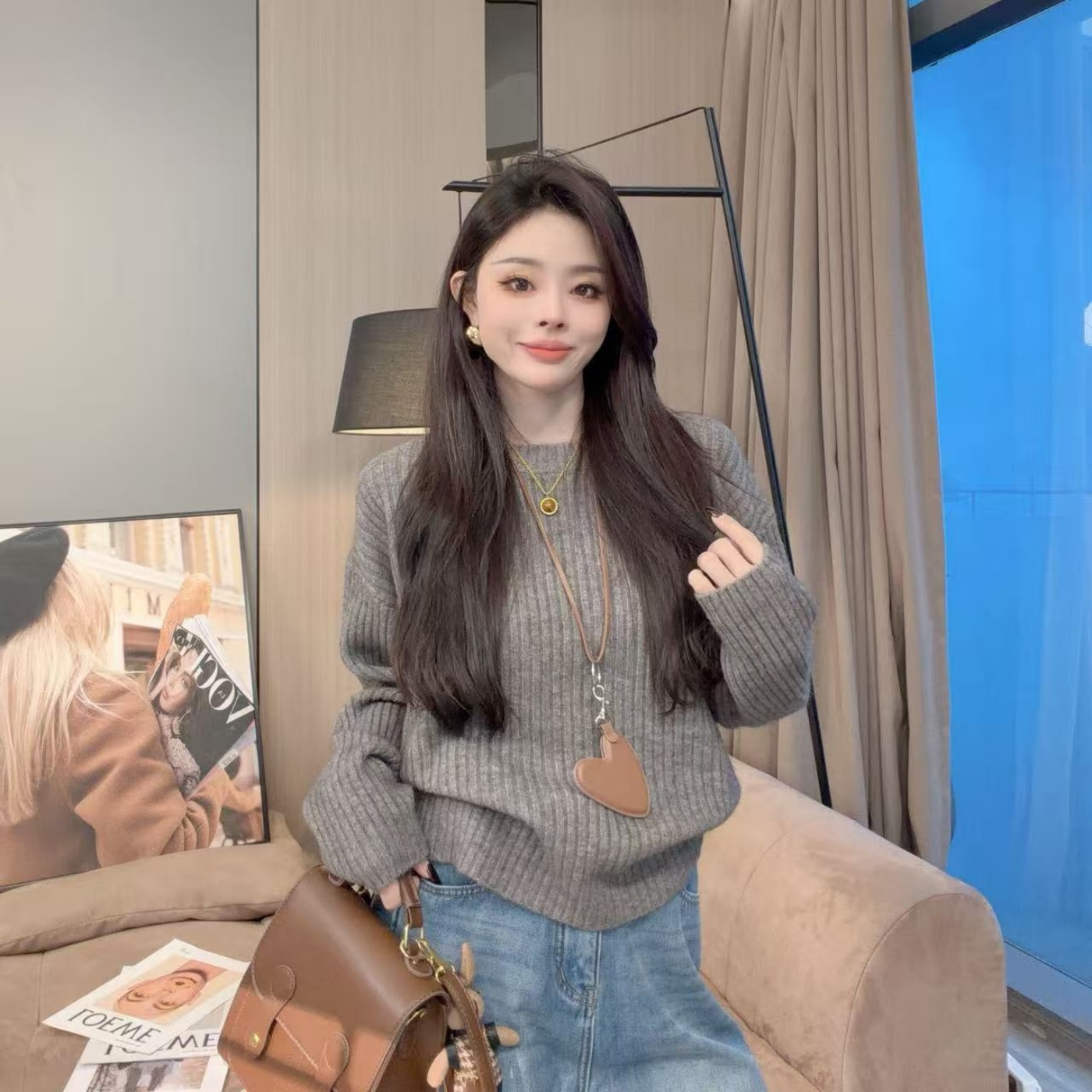 【静静衣橱】秋冬季新款圆领长袖打底针织衫上衣高级感毛衣6701