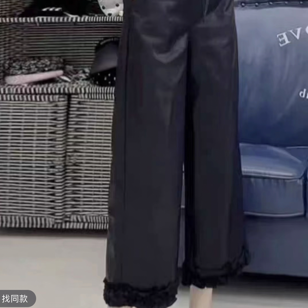 新款真皮花边休闲阔腿皮裤九分裤女时尚百搭