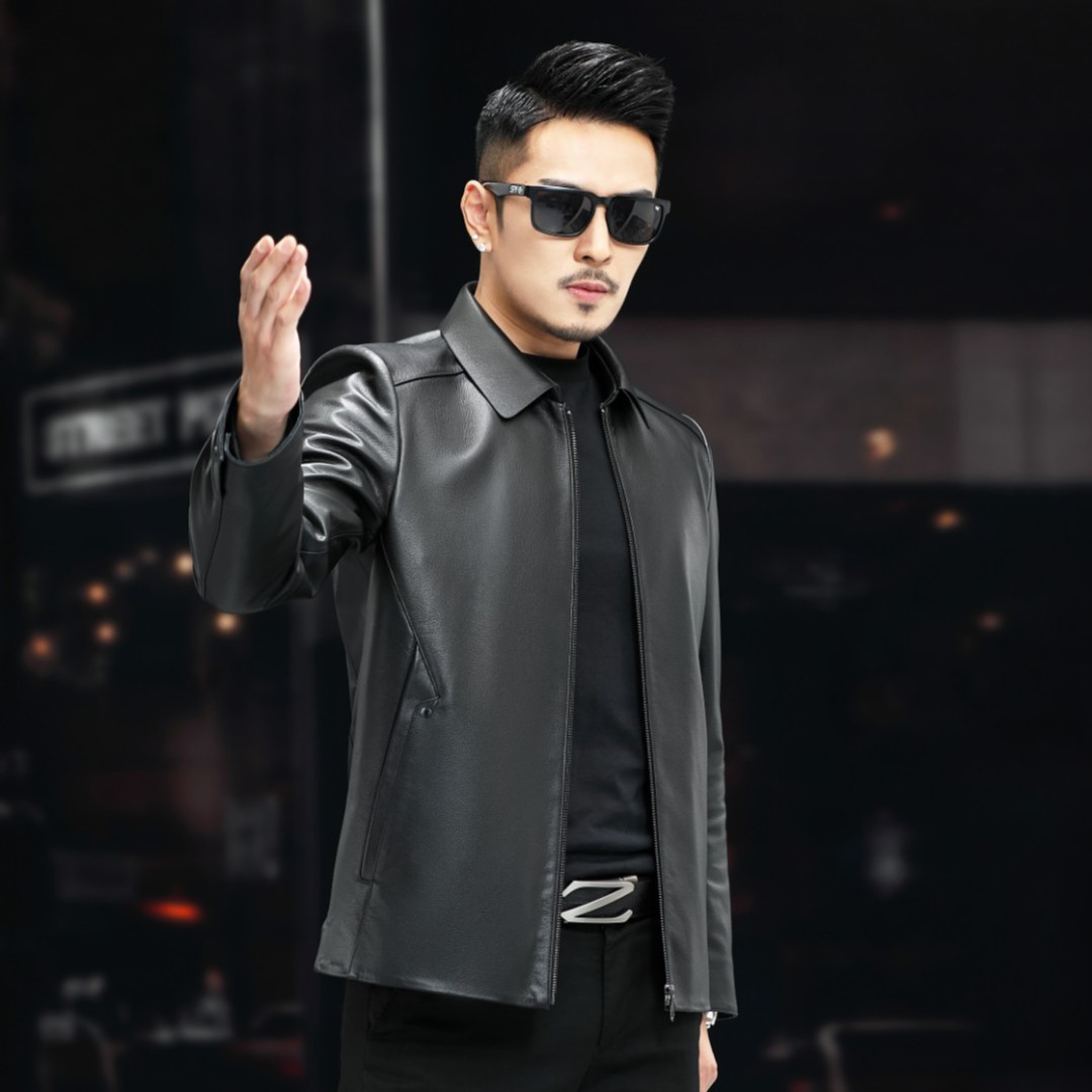 5590YRYM 断码 牛皮羊毛翻领可脱卸羽绒内胆男真皮皮衣短款秋冬